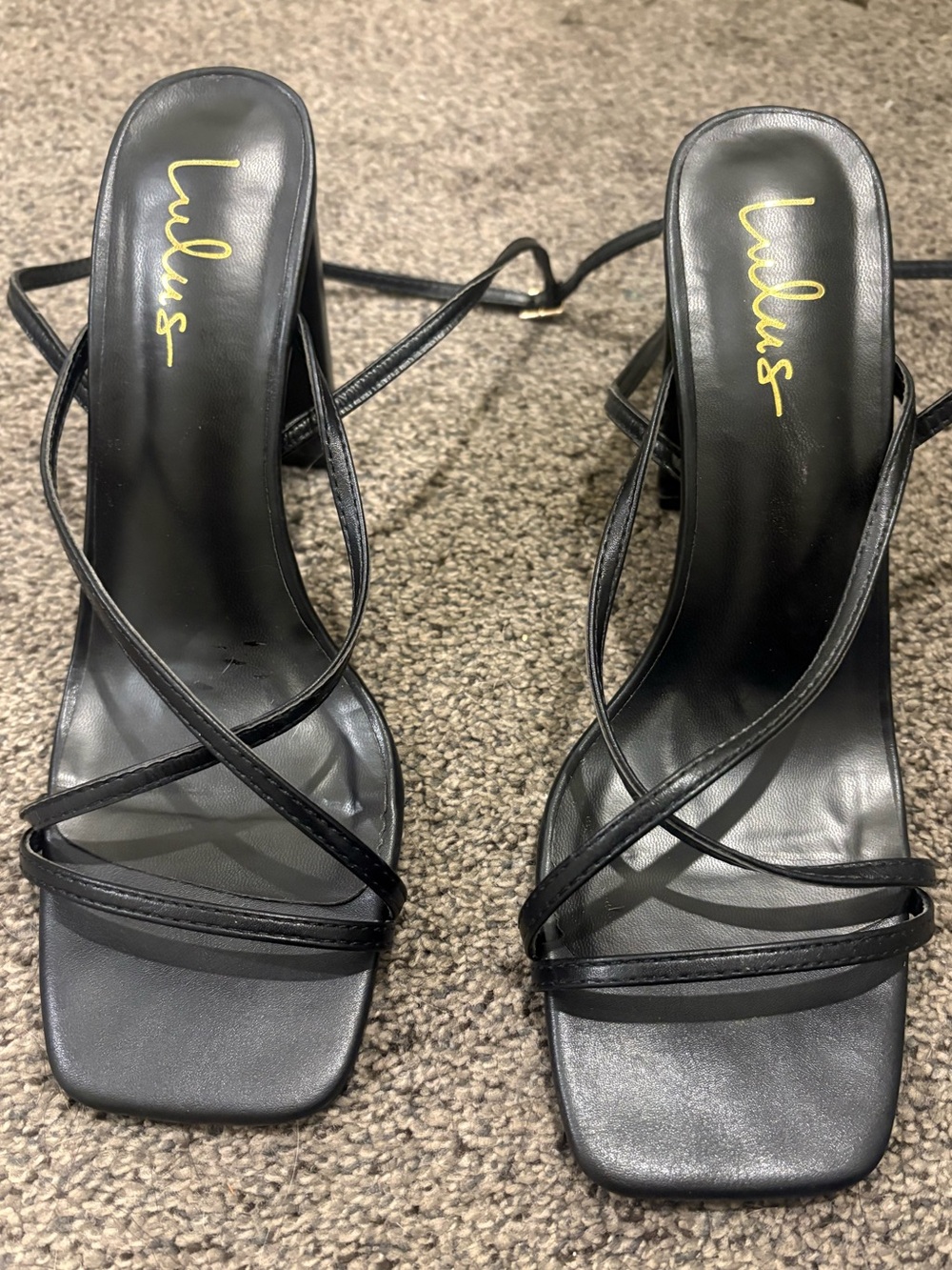 Lulu's Black Strappy Square-Toe Heeled Sandals with Crisscross Straps